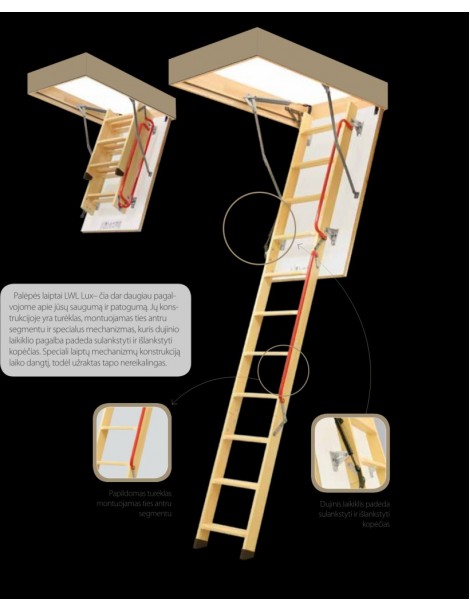 70x120 cm (patalpos aukštis H iki 280 cm) Sudedami segmentiniai palėpės laiptai su medinėmis kopėčiomis LWL Extra 