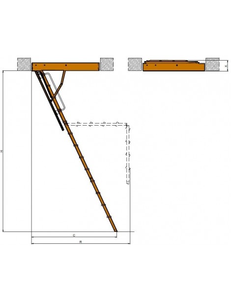 70x130 cm (patalpos aukštis H iki 280 cm) Sudedami segmentiniai palėpės laiptai su metalinėmis kopėčiomis LMK Komfort